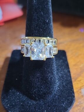Gold-Tone Cubic Zirconia Three-Stone Ring - Clear